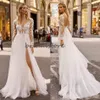 BERTA BOHO Bröllopsklänningar Illusion Snörning Långärmad Bohemian Bröllopsklänning 2020 Sexig Backless High Slits Bridal Gowns Hochzeitskleider