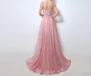 Pink Long Bridal Prom Dresses Illusion Jewel Neck Pearls Sash A-Line Floor Length Tulle Celebrity Party Gowns Major Beading Evening Dresses