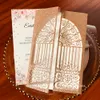 2020 Rose Gold Glitter Castle Laser Cut Bröllop Inbjudningar med Bourgogne Ribbon och Envelope Bridal Shower Inbjudningar Anpassad Sweet 15 Card