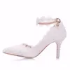 Crystal Queen White Lace Flower Wedding Shoes Slip On Pointed Toe Bridal Shoes High Heel Women Pumps Shallow Pointed Toe 8Cm CJ191217