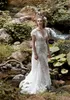 Abiti da sposa moderni a sirena Maisonsignore Scollo a V Manica corta Tulle Applique in pizzo Sash Abito da sposa Sweep Train robe de mari￩e