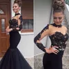 Czarna Syrenka Prom Dresses Sheer Wysoka Neck Długi Rękaw Suknia Wieczorowa Ruffles Koronki Aplikacje Długość Party Party Suknie