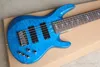 Aangepaste groothandel blauwe 6-string gitaar elektrische bassnaren en actieve circuits, vlam maple fineer, mahonany fingerboards zorgen voor aanpassen