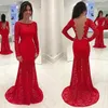 Plus Size Red Mermaid Evening Dresses Lace Jewel Neck Långärmad Formell Kvinnor Prom Lugnar Vestidos de Novia