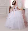 国の結婚式の王女の景色の襟の新しいピンクの花の女の子の女の子のドレス