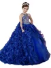 Princesa Royal Blue Girls Pageant Vestidos Organza Ruffle Cristal Beads Sem Mangas Vestidos de Bola Crianças Festa para Wedding Flower Girl Vestidos