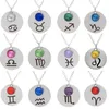 12 Zodiac Signs Pendant Necklaces Constellations Horoscope Astrology Stainless Steel Rhinestone Round Silver Chokers Jewelry for Women Gift