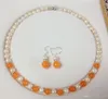 Natural 7-8mm White Pearl/Tibet silver/Orange Jade necklace earrings set