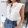 Galcaur Dames Shirt Blouse Revers Mouwloos met Schouder Pad Shirt Tops Vrouwelijke 2020 Dames Stijl Fashion NIEUW