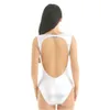 Tiaobug Kvinnor Glänsande Metallisk Mesh Backless Underkläder Ärmlös Högskuren Sexig Bodysuit Nightclub Rave Festival Dance Leotard