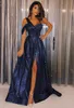 Shiny Navy Blue Sequined Prom Dresses 2019 Glitter Sparkle One Schouder Side Sleeve Long Party Dress Formele Elegante Jurk Vestido