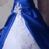 Classic Real Image New White and Royal Blue A Linha Vestidos de Noiva 2021 Apliques de Tafetá de renda Minco de noiva