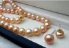 8-9MM Natural Pink Akoya Pearl 14K GP necklace earrings Jewelry set 18"