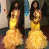 Żółta afrykańska syrenka suknie balowe bez ramiączek aplikacje tiulowe suknie wieczorowe z falbankami Plus rozmiar Party Dress dla czarnych dziewczyn