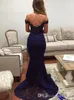 2020 Navy Blue Bridesmaid Dresses Off Shoulder Mermaid Low Cut Back Sweep Train Lace and Chiffon Maid Of Honor Dresses Formal Gown222N