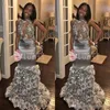 Illusion Mieder sexy Sier Abendkleider Meerjungfrau Blumen handgefertigte Rosen Halfter Sweep Zug 2019 Custom Made Prom Party Ballkleid