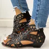 Hollow Out Mujeres Gladiador Sandalias Vintage Lace Up Talón bajo Cuñas Zapatos de verano para mujer Sobre Toe Zipper Zapatos Mujer1