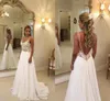 2022 Bohemian A Line Wedding Dresses Formella brudklänningar Summer Beach V Neck Lace Appliques Chiffon Illusion Backless Sweep Train Plus Size