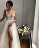 2019 New Berta Beach Wedding Dresses Beaded Deep V Neck Bohemian Bridal Gowns A Line Side Split Floor Length Tulle Vestido De Novia