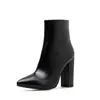 Plus Size 35 do 42 Black PU Skórzany Chunky Heel Siated Kostki Botki Designer Winter Boots