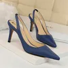 2020 Sommar Kvinnor 8cm Tunna högklackade slingback Sandaler Stängt Toe Blue Gold Silver White Heels Sandals Office Lady Bröllopsskor