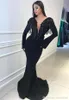 Dubaj Arabski Czarny Prom Dresses Długie Rękawy Sweep Pociąg Tassel Deep V Neck Otwórz Powrót Suknia Wieczorowa Formalna Sukienka Dla Kobiety