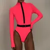 Långärmad bikini 2020 Neon Rosa Zipper Bodysuits One-Piece Badkläder Kvinnor Turtleneck Swimsuit Kvinna Högklipp Monokini Biquini