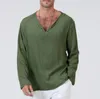 5 Colors Mens T Shirts Linen Loose Men's V-neck Solid Colors Long Sleeve T-shirt Loose Casual Large Size S-4XL