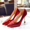 Sparkling Sequins Lace Red Bröllop Skor Bekväm designer Bridal Silk Eden Gold Heels Skor För Bröllop Evening Party Prom