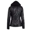 Women Casual Outerwear V-Neck Stand Collar Detachable Hood PU Faux Leather Jacket Coat Slim Long Sleeve