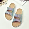 Hot Sale-Verão Casual Sandals Sequins Slides Duplo Buckle Tamancos Mulheres deslizamento na sapata Flats Virar