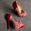 Olomm Women Platform Pumpar Stiletto High Heels Pumpar Butterfly Knot Peep Toe Black Red Striped Shoes Women Plus US Size 5-15