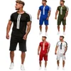 LNCDIS Sports Thin Set Casual Mens Suits Mens Summer Leisure Fashion Color Collision Short Sleeve Shorts Men Tracksuit Set Q1