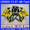 Bodys + бак для HONDA CBR600FS CBR 600F3 желтый черный горячий CBR 600 F3 FS 97 98 290HM.33 CBR600RR CBR600F3 1997 1998 CBR600 F3 97 98 обтекатель