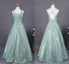 Green Prom Mint Sparkly Dresses Spaghetti Straps Plunging V Neck Beaded Waist Custom Made Floor Length Evening Party Gown Plus Size