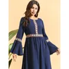 Casual Dresses Ethnic Floral Embroidery Maxi Dress Navy Blue O Neck Flare Long Sleeve Empire Pleated A Line Plus Size Muslim Clothing