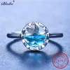 Fashion-Solid S925 Sterling Silver Mermaid Ringar För Kvinnor Aquamarine Crystal Engagement Ring Söt Fairy Charm Bröllop Bands