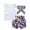 Baby Girl Clothes Kids Floral Printed Clothing Sets Summer Lace Top Bowknot Shorts Headband Suits Child Cute Heart Shirt Hairband Sets PY714