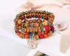 Bracelet bohème multicouche en pierre naturelle colorée, perles en bois, pendentif arbre de vie, pompon élastique, pour femmes