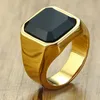 Dignified Black Carnelian Stainless Steel Golden Square Signet Ring for Men Pinky Rings Male Wealth and Rich Status Jewelry