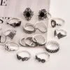 15 Pièces/ensemble Bohême Fleurs Cristal Couronne Bague Ensemble Argent Joint Knuckle Anneaux Femmes Bijoux Accessoires