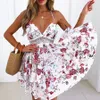 2019 verano mujer nuevo Sexy Halter Sling encaje patrón vestido sin mangas Correa caliente vestido de verano cuello en V profundo Delgado Vestidos elegantes