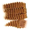 Tiefere Welle rein 27 Honey Blonde Menschliches Haar Bundles mit Closure Rotblond brasilianischen Menschenhaar Tressen 3Bundles mit 4x4-Spitze-Schliessen