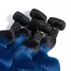 Indian Virgin Hair 1B Blue Ombre Human Hair Body Wave Bunds med 4x4 spetsstängning Middle Three Free Part Hair Extensions 10-28 "