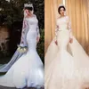 2019 African Sexy Mermaid Wedding Dresses Off Shoulder Long Sleeves Lace Appliques Detachable Train Plus Size Custom Formal Bridal Gowns