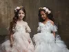 Snygg Lace Appliqued Backless Flower Girl Dresses for Wedding V Neck Beaded Toddler Pageant Gowns Tulle Tiered Kids Prom Dress