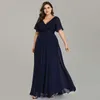 Plus Size Pink Prom-klänningar Long Ever Pretty V-hals Chiffon A-Line Robe de Soiree Navy Blue Formal Party Gowns for Women