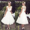 Kurze Vintage Tea Länge Kleider klopfer Nacken Tüll Spitzenapplikation billige Garten Hochzeitskleider Vestido de Novia