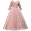 Elegant spets A Line Flower Girl Dresses 2019 Långärmade Tulle Bow Sash Golvlängd Tjejens födelsedagsfest Prinsessan Klänningar Billiga MC1966