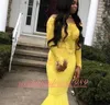 Amarelo encantador Renda Prom Dresses Mermaid manga comprida Sexy Partido Sheer Wear Africano Plus Size ocasião especial Evening Robe De Soiree Vestidos